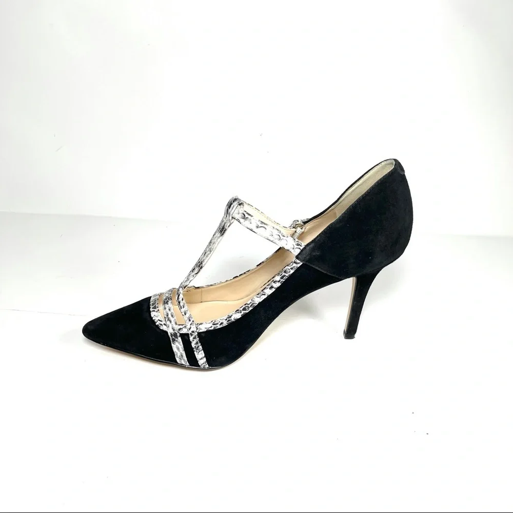 Nine West Jantine Women's T-Strap Pumps Pointed Toe Black Suede‎ Size 7.5 M
